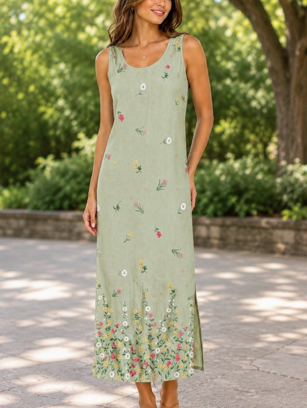 R&K Sage Green Floral-Embroidered Maxi Dress